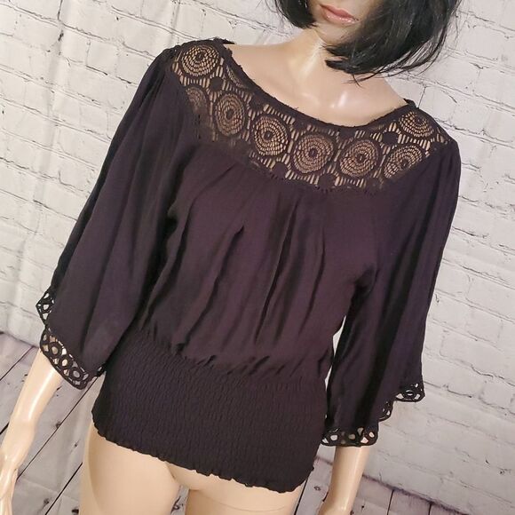 EARTHBOUND Tops - Earthbound Trading Co. Bohemian Crochet Neckline Flowy Sleeves Ruched Waist Top